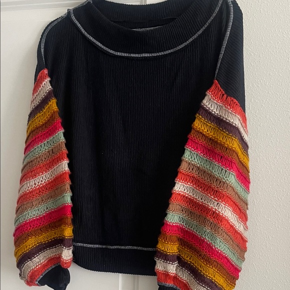 We The Free Sweaters - We The Free Black Sweater with Vibrant Striped Sleeves